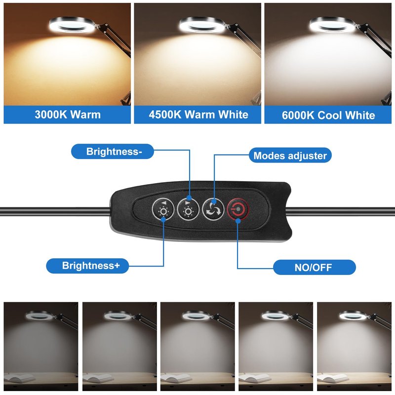10X Magnifying Glass with Light and Clamp, Real Glass Lens, Adjustable Swing Arm, 3 Color Modes, Stepless Dimming LED Magnifying Lamp for Reading, Crafts, Soldering, Sewing & Close Work