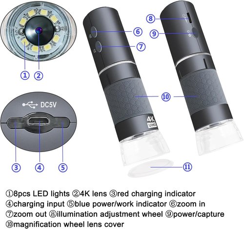 Jiusion WiFi USB Digital Handheld Microscope - 50 to 1000x Wireless Magnification | 4K Camera with Metal Stand