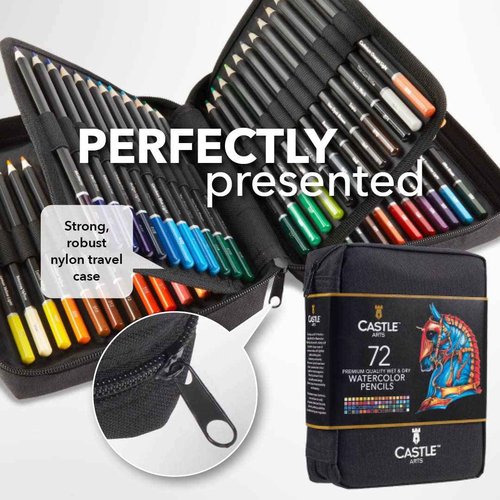 Castle Art Supplies 72 Watercolour Colouring Pencils Set in Zip-Up Case for Adults Artists | Quality Cores with Vivid Colours to Create Beautiful Blended Effects with Water | Includes travel case