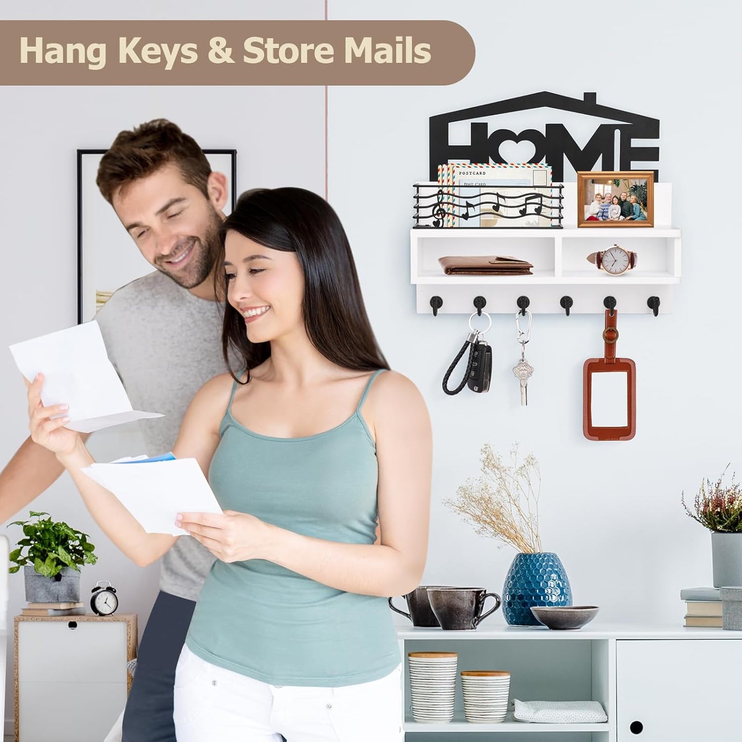 VIS'V Key Holder Wall Mount - Decorative Wooden Mail & Key Organizer with Storage Basket & Shelf | White, 2 Compartments, 6 Hooks
