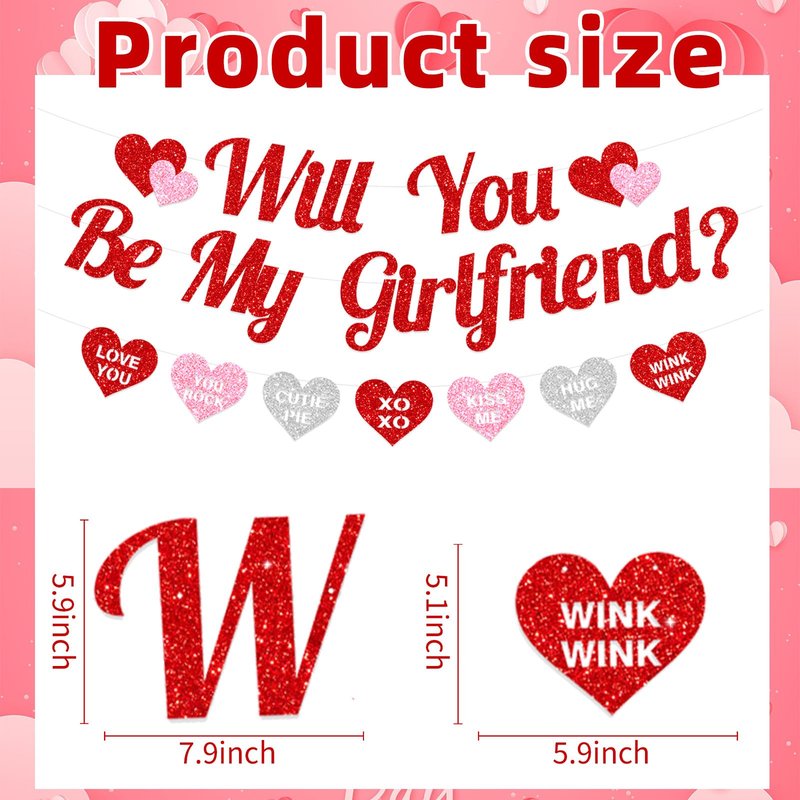 Red Glitter 'WILL YOU BE MY GIRLFRIEND' Proposal Banner with Heart-Shaped Cute Love Message Sign for Romantic Special Night Decorations, Engagements, Proposals, and Valentine's Day Party Supplies