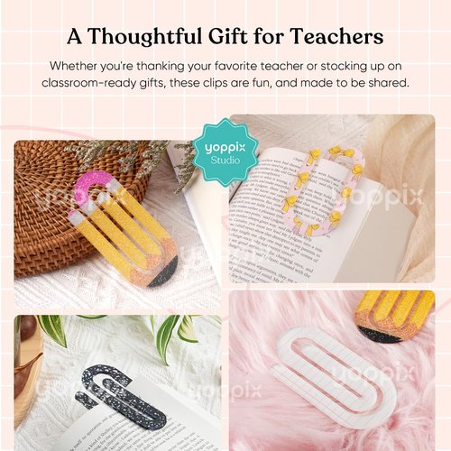 YOPPIX 12 Pcs Jumbo Teacher Acrylic Paper Clips Teacher Appreciation Gift Cute Penci Paperclip Design for Office Classroom Bookmark Gift Book Lovers, Back to School Supplies