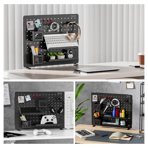 PEGZONE Clamp-on Desk Pegboard, Desk Organizer for Office Gaming Home, Magnetic Metal Peg Board with 15 Accessories, Privacy Panel for Office, 20.4" x 16.5", Large, Black