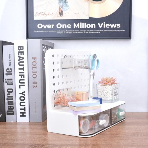 ONEFOLL Desktop Storage Organizer, Cave Board Stand Organizer With 2 drawers, Pen Holder, Work Position Shelf Acrylic Desk Organizer, Stationery Organizing Box