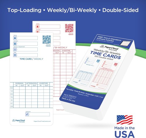 PaperCloud Time Cards - Weekly/Bi-Weekly Format, 3.38 x 7.25 Inches, 100-Pack