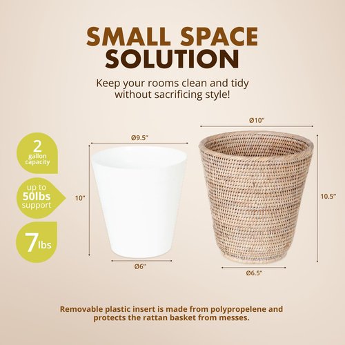 KOUBOO La Jolla Rattan Wastebasket with Plastic Insert, Handmade, Trash Can, Small Wastebasket, Bedroom, Bathroom, Vanity, RV, Dorm, White Wash