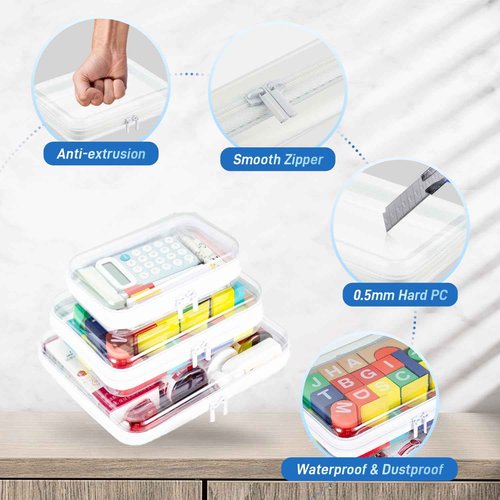 4 PCS Clear Zippered Hard Pouch, Durable, Waterproof Storage Case for Cosmetics, Jewelry, Toys, and Office Supplies, Hard Shell Zipper Case for Home, Travel, and Outdoor Use (9.6x7.7x2.8in, 4 Count)