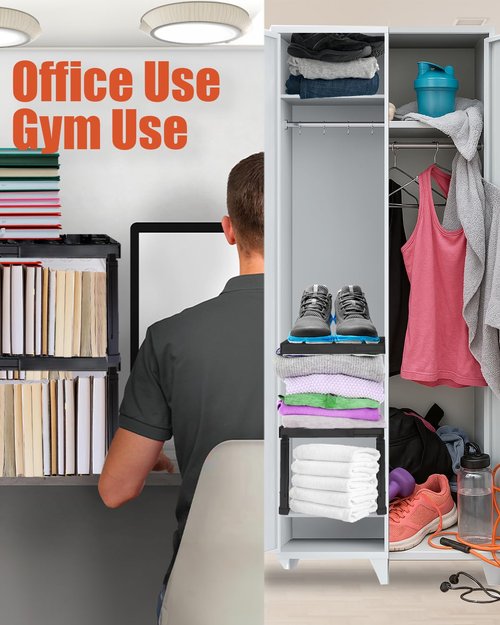 Piffny Adjustable Lokcer/Cabinet Organizer Shelf， Adjustable Width and Height, Ideal Locker for School, Office, and Gym Lockers… (Black 2 Pack New Version)