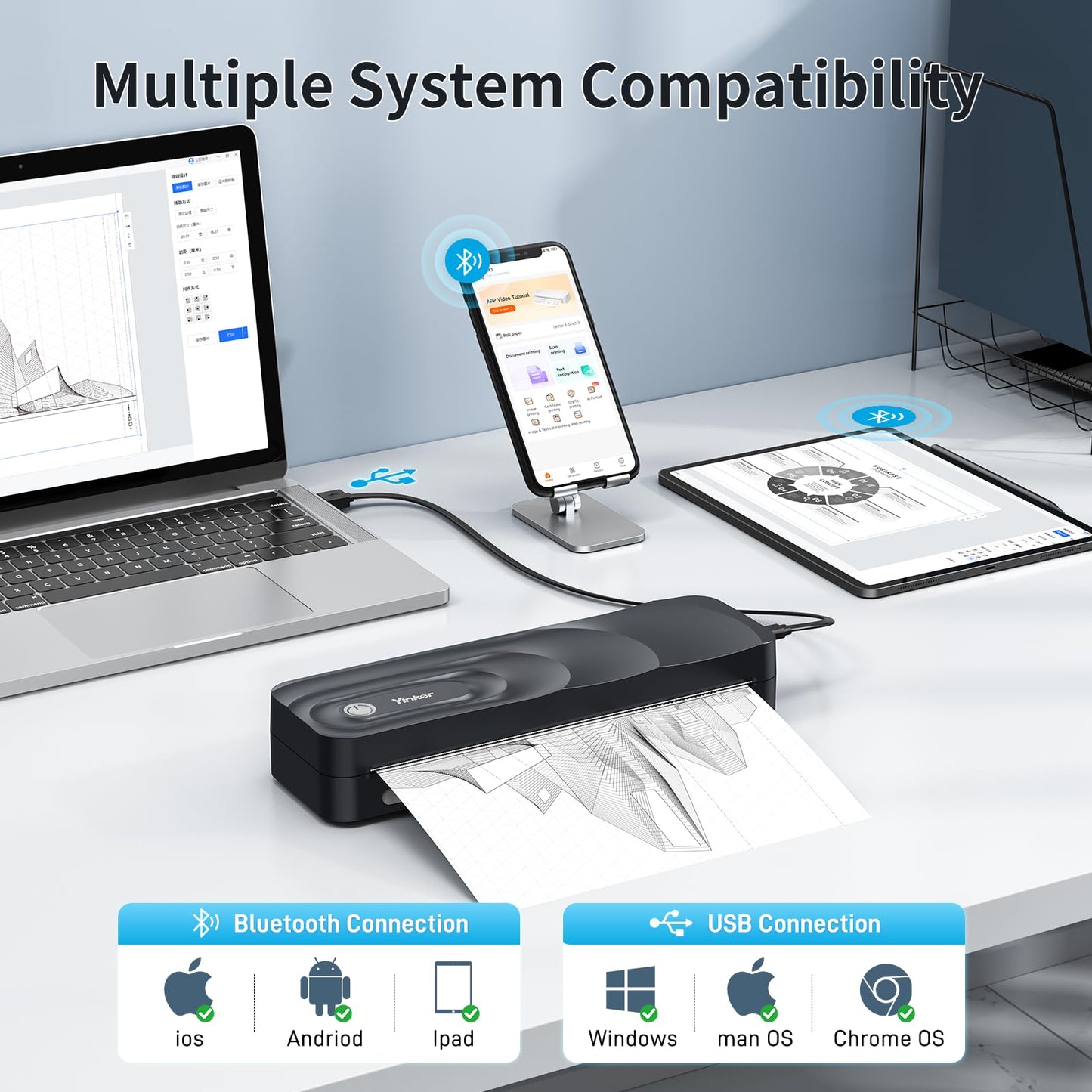 Yinker Portable A4 Thermal Printer | 3 Rolls Thermal Paper & 2 Folding Papers Included | Inkless Bluetooth Printer w/Carry Case, Supports 8.5"x11" US Letter, Cellphone APP Compatible for Travel