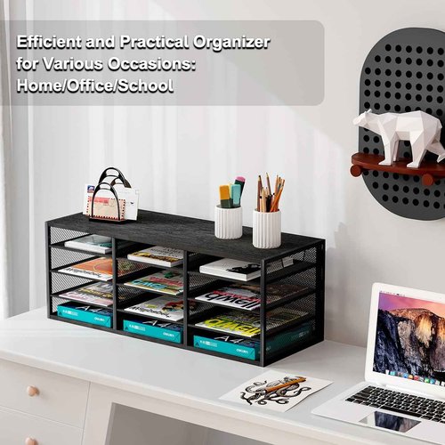 PAG Desktop Mail Sorter, Industrial Countertop Heavy Duty Literature Organizer, Student Mailbox for Classroom, Bill Paper Holder Rack for Office Home School, 12 Compartments, Black