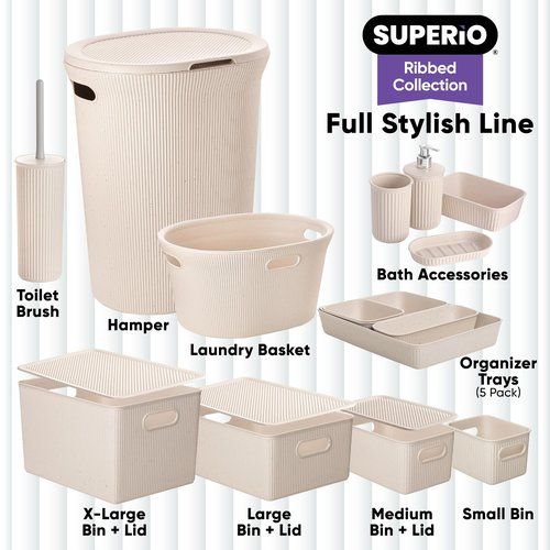 Superio Ribbed Collection - Eco-Friendly Decorative Plastic Open Home Storage Bins Organizer Baskets, X-Large (1 Pack) Container Boxes for Organizing Closet Shelves Drawer Shelf 22 Liter/23 Quart