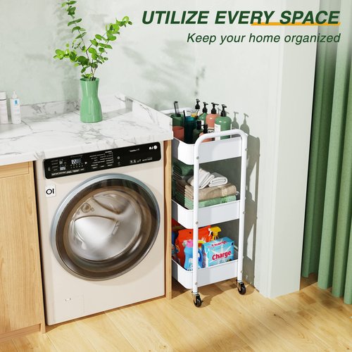 LEHOM 3 Tier Rolling Utility Cart, Metal Trolley Cart with Wheels, Hooks, Easy Assembly Organizer Storage Cart for Bathroom, Kitchen, Office, Bedroom(White)
