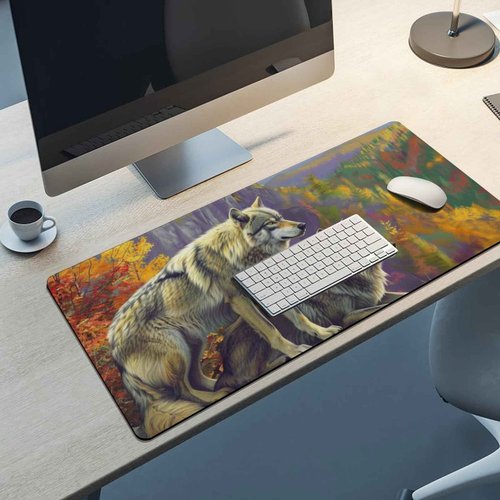 Wolf Large Mouse Pad Wildlife Animals Wolves Mousepad Extended Autumn Mountain Desk Mat for Keyboard and Computer Pad Non-Slip for Gaming Home Office Supplies for Desk 35.4 x 15.7 Inch