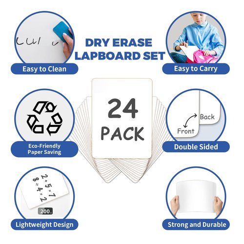 24 Pack Dry Erase Board, 9"x12" Double-Sided White Board with 24 Erasers for Students, Portable & Reusable Small White Lapboards Bulk for Classroom/Homeschool/Teacher