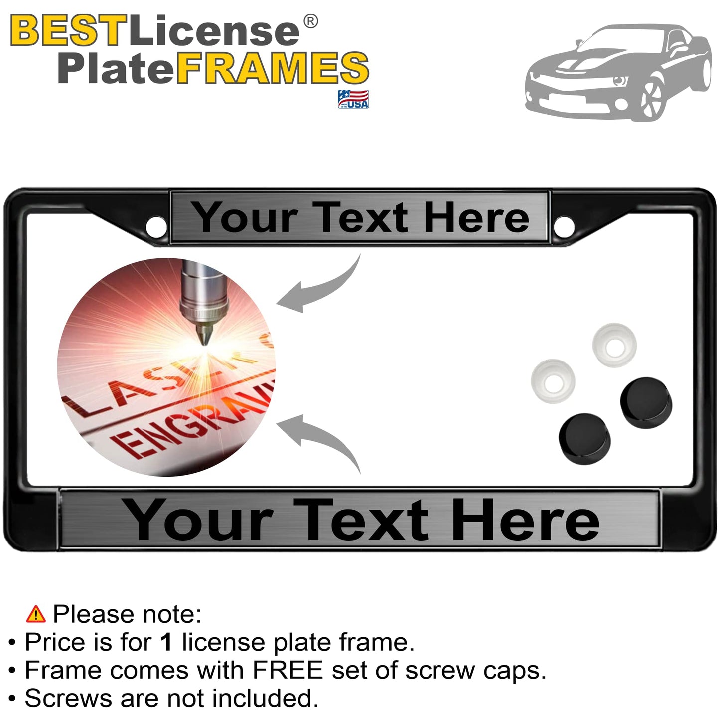 Custom Personalized Black Powder-Coated Metal Laser Engraved Standard Size - Car/Automobile License Plate Frame with Free caps - Steel/Black Text (Qty: 1 Frame)