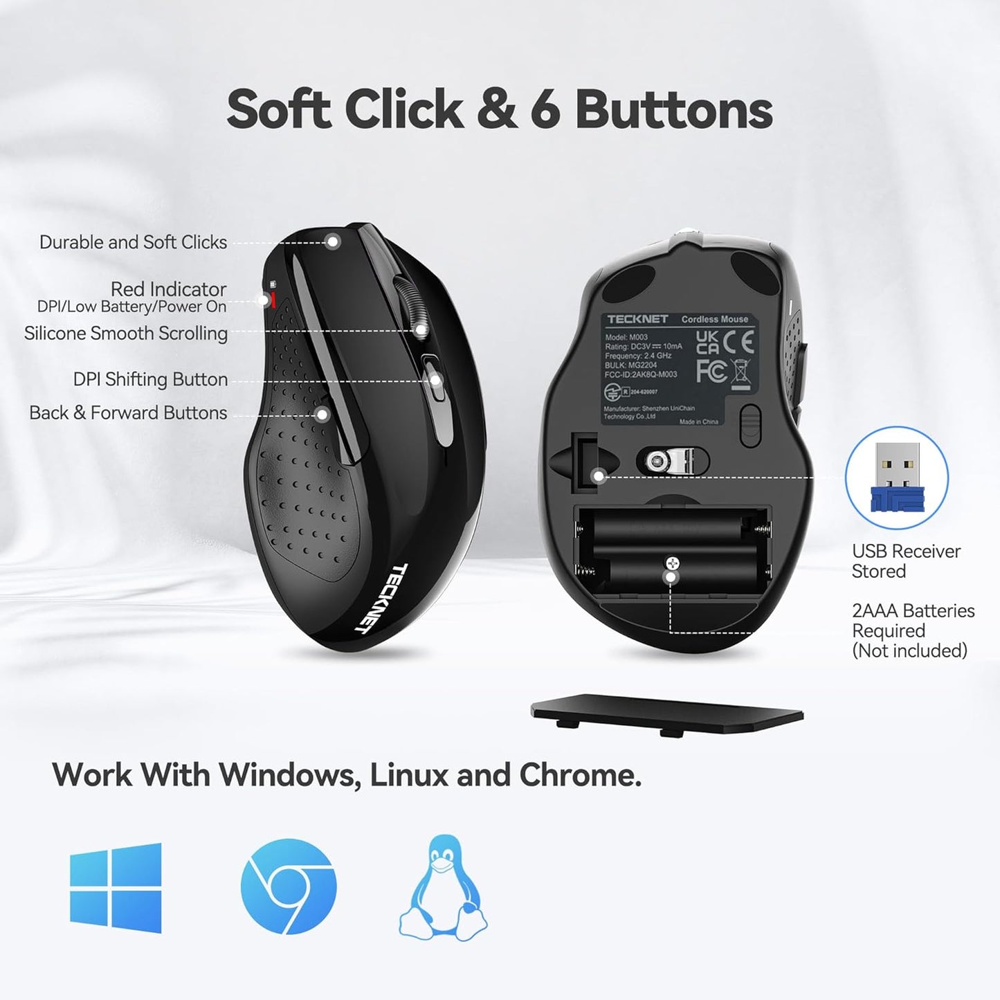 TECKNET Wireless Mouse - Ergonomic 2.4G Optical Design with 6 Buttons & 24 Months Battery Life - Black