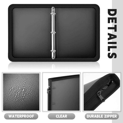 Teling 4 Pcs 2 Inch Black Zipper Binder with 3 Ring Zipper Binder, Refillable Plastic Clear File Organizer Planner for Projects, Assignments, Memos, School Work, 13.2 x 11 Inch