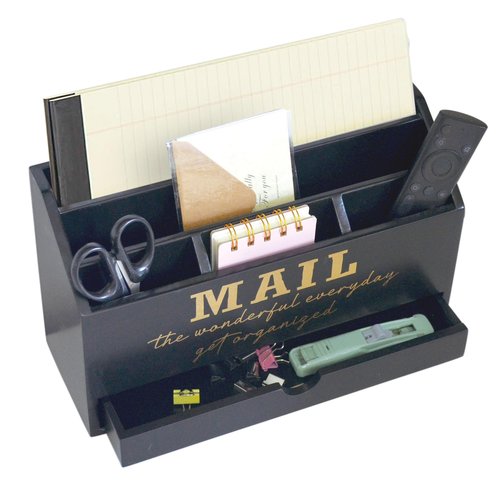 EXQUIDECA Wooden Black Rustic Countertop Mail Storage Holder with Drawer and Compartments - Office Desk Accessories and Workspace Organizers - Desktop Sorter for Pen Stationery Letter Files Documents
