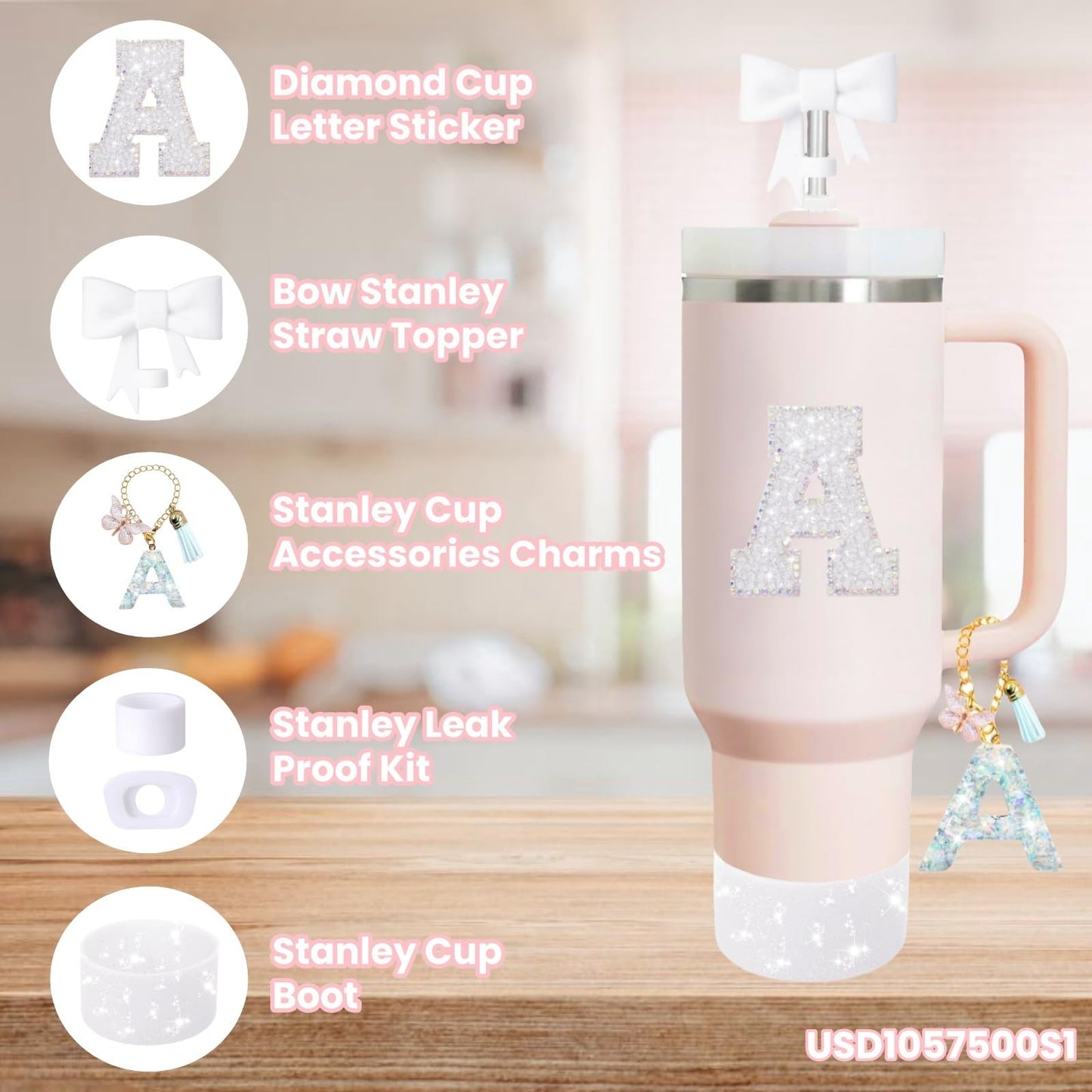 6PCS White Stanley Cup Accessories Set Fit for Stanley Cup 30oz 40oz. Including Handle Charm, Personalized Initial Sticker, Straw Topper, Sparkly Silicone Boot, Spill Proof Stopper (Letter-A)