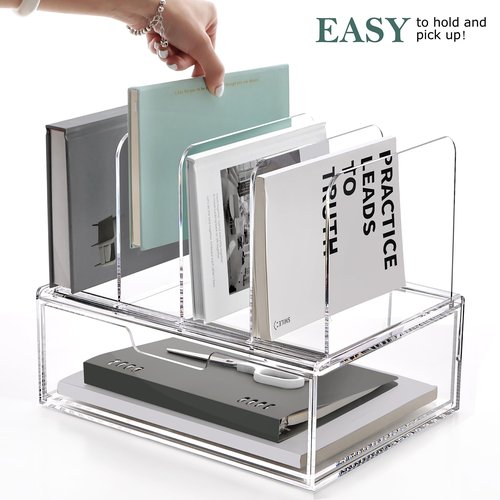 SANRUI Acrylic Desk Organizer with Sliding Drawer, Clear 4 Vertical Compartments Storage File Holders, Multi-Functional Workspace Office Supplies Accessories Organizers