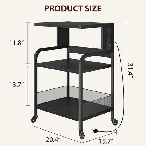 Amyove Printer Stand with Power Outlet, Large Printer Table with Adjustable Storage Shelf, 3 Tier Office Rolling Printer Stand with Wheels for Home Office, Fax Machines, Scanners, Rustic Black