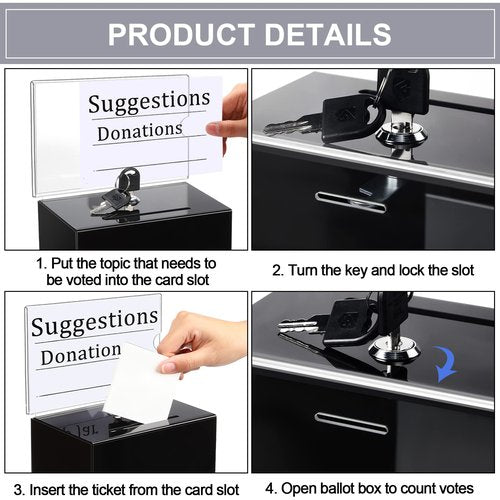 8 Packs Acrylic Donation Box with Lock and Sign Holder Clear Suggestion Ballot Box Plastic Voting Comment for Tip Jars Ticket Charity Survey Raffle Contest Fundraising, 6.1 x 4.3 x 3.8 Inch(Black)