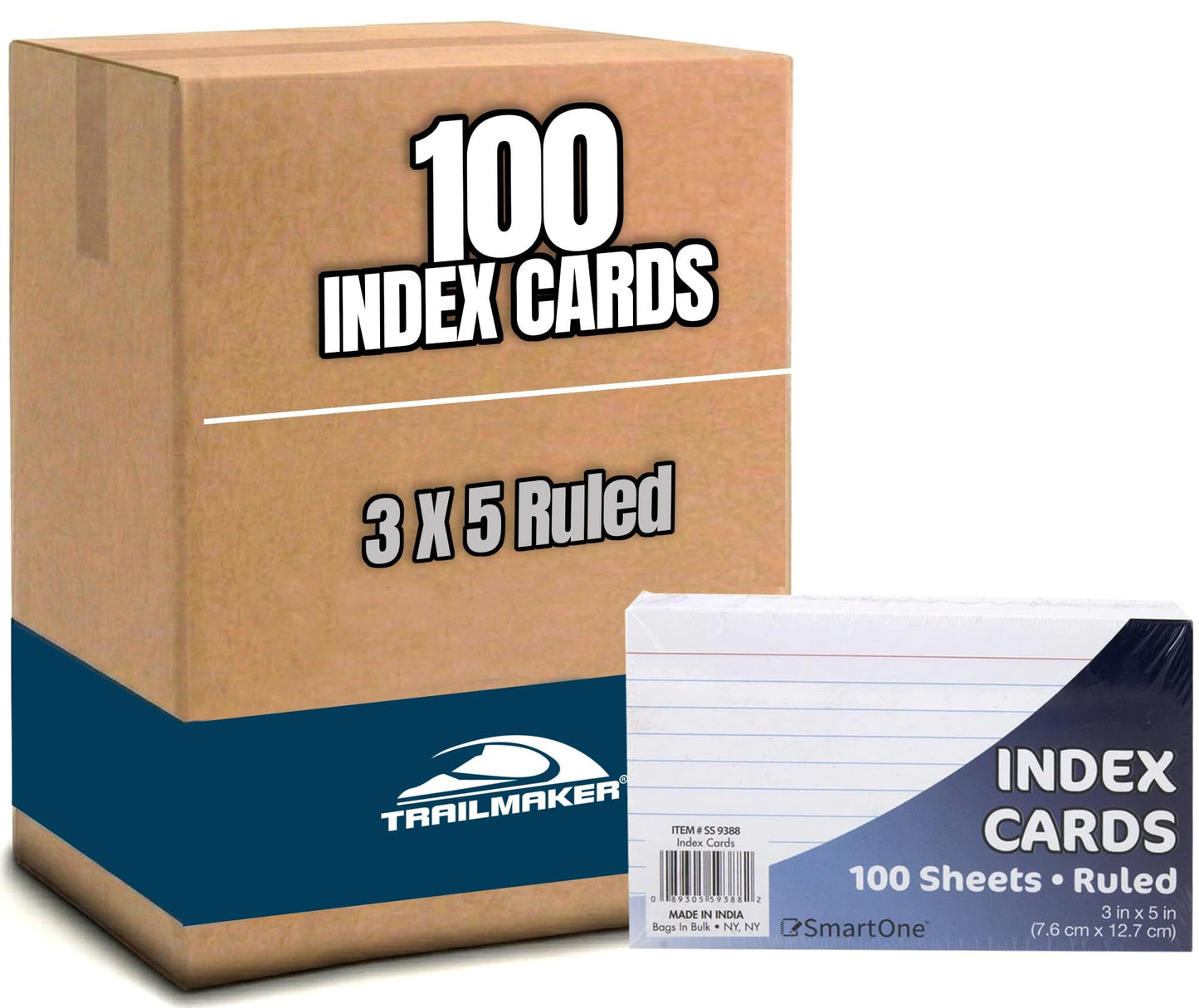 Trailmaker (100 Pack) Index Cards Bulk Pack, 10,000 Ruled 3 x 5 Note Cards, 100 Packs of 100 Flash Cards for Studying, Note Taking, Presentations, College, High School, Classroom & Office Supplie