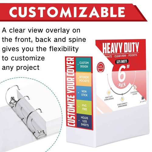 Sinload 6 Pcs 3 Ring Binder, 6 Inch Large Capacity 3 Slant D Ring Binders with Pockets, 8.5" x 11" Presentation Folder View Binder with Customizable Clear Cover for Documents Files Projects (White)