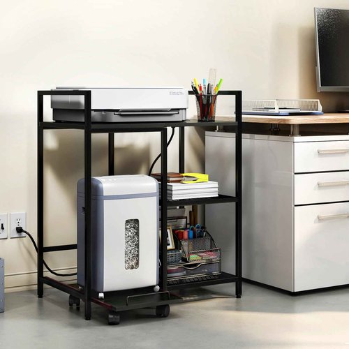 TC-HOMENY Printer Stand with Pull-out Shelf, 3-Tier Multi-Functional Home Printer Stand with Charging Station (Black)