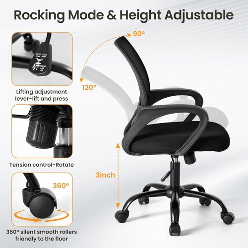 OLIXIS Ergonomic Office Desk Chair - Mid Back with Lumbar Support & Rocking Mode | Height Adjustable, 360° Swivel, Black