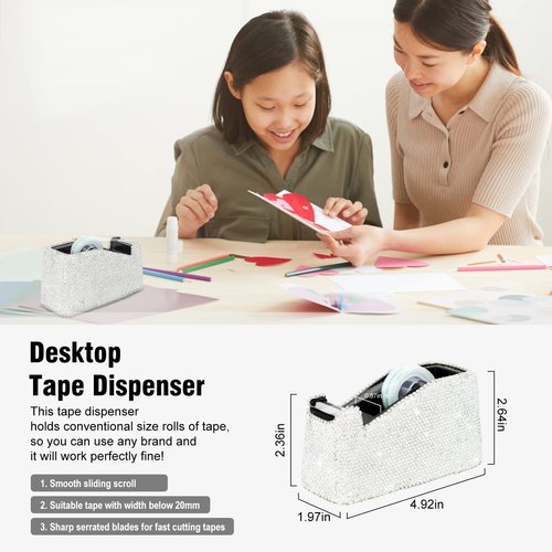 KEYPOWER Bling Crystal Luxury Handmade Diamond Round Pencil Pen Pot Holder & Stapler & Card Holder & Desktop Tape Dispenser Office Stationery Kit for Fashion Girls Women(White)
