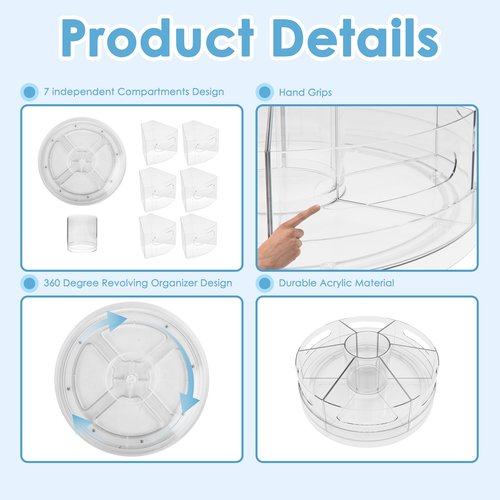 CraftGenes Pen Organizer for Desk - Acrylic Pen Holder with Hand Grips, 360° Extra Large Rotating Desk Organizer with 7 Removable Compartments for Office, Home, and Makeup Storage, Marker Organizer