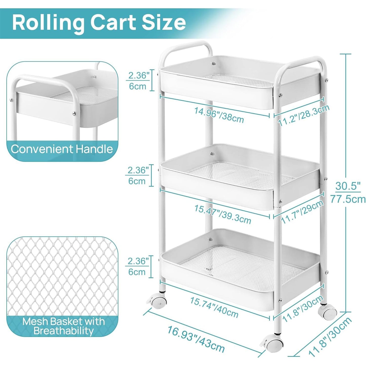 DKALIO 3 Tier Metal Rolling Cart, Heavy Duty Utility Storage Organizer with Lockable Wheels, Mobile Utility Cart for Livingroom, Bathroom, Kitchen, & Narrow Places, White