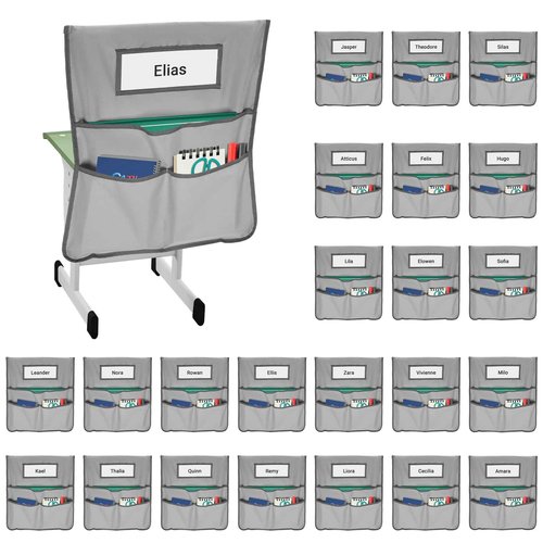 Toriexon 24 Pack Chair Pockets for Classrooms, 20 x 17 Inch Seat Sacks for Classroom Chairs k-2 with Name Slots, Tags and 3 Pockets, Suitable for Kindergarten, School, Home, Office (Gray)