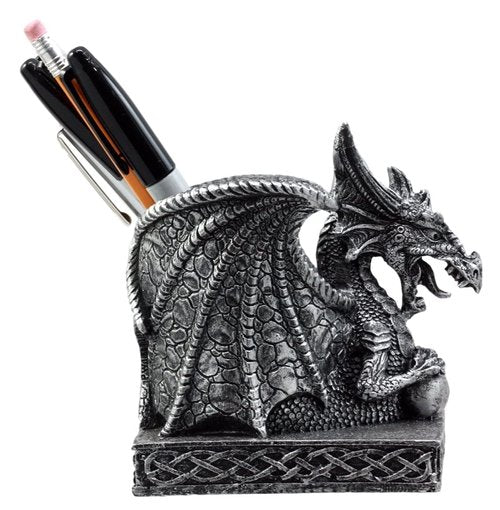Ebros Gift Shenlong Spirit Dragon Orb Stationery Holder Figurine 4.75" H Office Desktop Accessory Pen Organizer