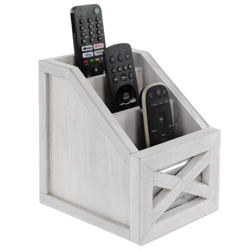 Autumn Alley Rustic Farmhouse Desk Organizer - 3-Slot Multiple Compartment Remote Control Storage Caddy, Barn Door Remote Holder - White
