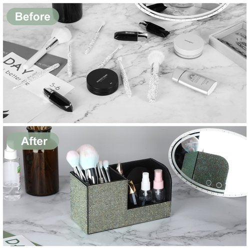 Desk Pen Pencil Holder Bling Pasted Rhinestones Paper Stationery Storage Box, Multi-functional Organizer for Pen,Pencil,Cell phone,Business Name Cards,Eye Glasses,Remote Control Holder (Color)
