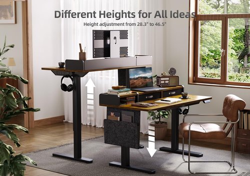 Claiks Standing Desk, Computer Office Desk with Power Outlets and Type-C, Stand Up Desk with Drawers and Shelves, 48 inch, Rustic Brown