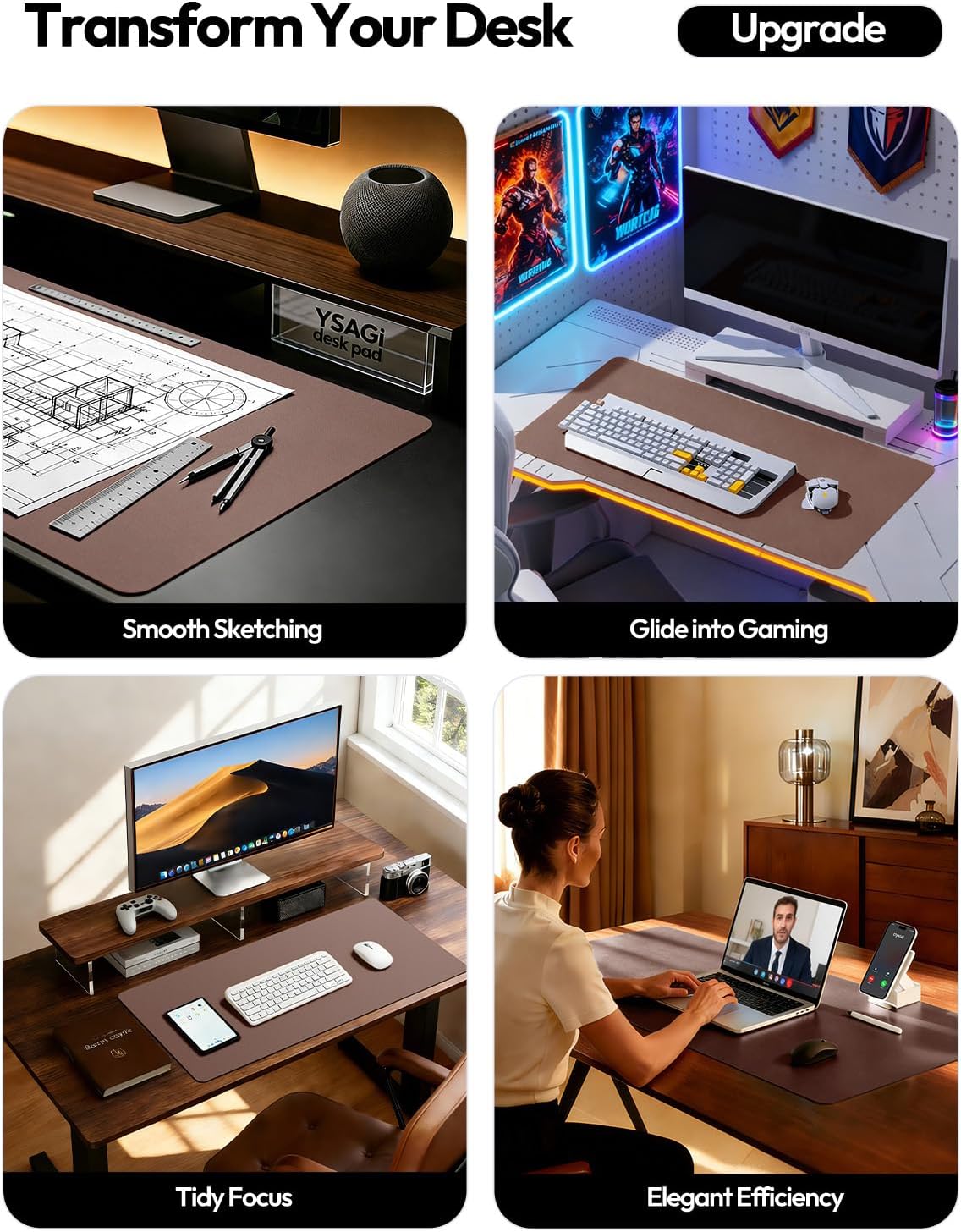 YSAGi Leather Desk Protector - Non-Slip PU Leather Office Mat | Large Waterproof Laptop Pad (Chocolate, 31.5" x 15.8")