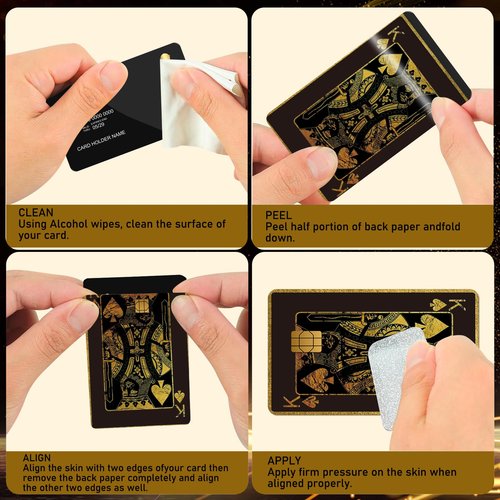 Aposwow Credit Card Skin Stickers - 4 Pcs Playing Cards Debit Card Skin Stickers, Black Gold Poker A K Q J Theme Removable Waterproof Decal Cover Set for DIY Key, Transportation Cards