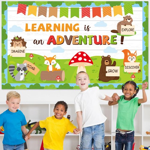 Woodland Bulletin Board Set Jungle Forest Classroom Decorations Back to School Learning is an Adventure Paper Cutouts Motivational Safari Animal Bulletin Board for Nursery Chalkboard Wall Door Decor