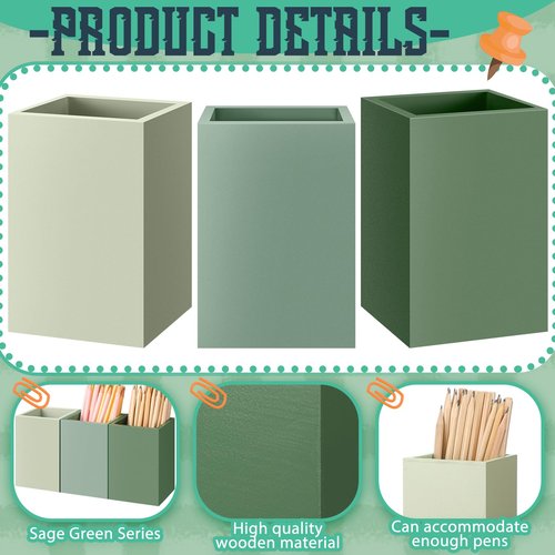 Motiskyy 3 Pcs Sage Green Wooden Pen Holder for Desk Pencil Cup Desktop Organizer Storage Case Makeup Brush Holder Accessories Supplies for Office Home Study Room(Sage Green)