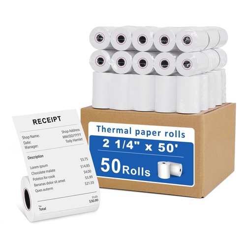 50 Rolls- 2 1/4 X 50 Thermal Receipt Paper Rolls- Fits All Pos Cash Registers, For Clover POS Cash Register Printers-Premium Quality German Paper