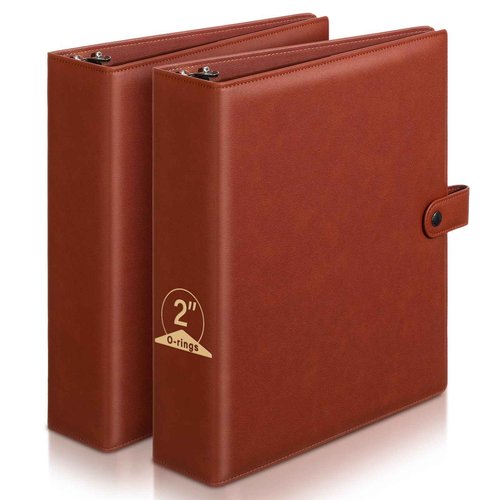 ReliThick 2 Pcs Leather 3 Ring Binder 2 Round Rings for 8.5 x11 Paper and Sheet Protectors Brown Binder Organizer Interior Pockets Snap Closure Letter Size