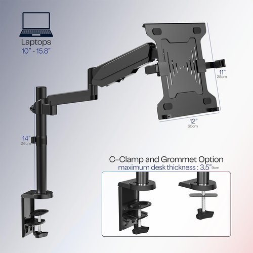 VIVO Universal Adjustable 10 to 15.6 inch Laptop Holder Desk Mount, Single Pneumatic Arm VESA Notebook Stand with C-clamp and Grommet Options, Black, STAND-V101L