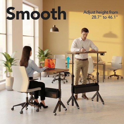 HUANUO Mobile Standing Desk - Height Adjustable 28.7"-46.1" with Wheels & Storage Basket | Compact Home Office Solution