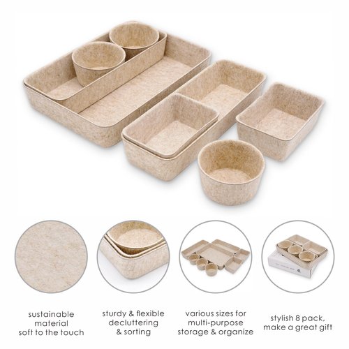 Welaxy Office Desk Drawer Organizers Trays Felt Shallow organizing Box Draw dividers for hygge aesthetics Office Supplies Multi-purposed Organize 8-piece (Oatmeal)