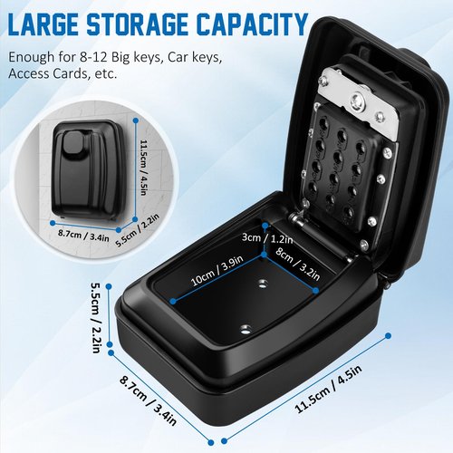 TNIIFXC Key Lock Box Wall Mounted Key Storage Box Waterproof 12 Digit Combination Security Lock Box Large Capacity Resettable Code Key Safe with Weatherproof Cover for Home Garage Office School