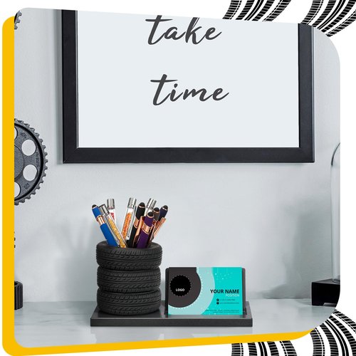 Eersida Tire Shape Stationery Set Car Sales Gift Business Card Holder Automotive Desk Organizer Business Card Holder Desk for Office Mechanics Car Lovers(Black,7.5 Inch)