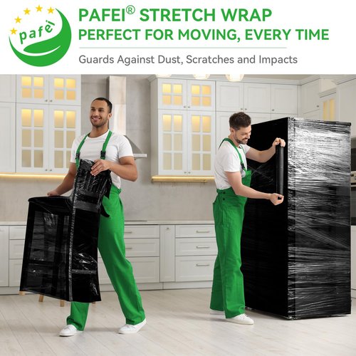 PAFEI 18"x1500ft Black Stretch/Shrink Wrap Roll - 80 Gauge Industrial Plastic Wrap for Moving, Heavy Duty 800% Stretch for Pallets, Packing, Shipping&Furniture Protection with Handles-4 Rolls